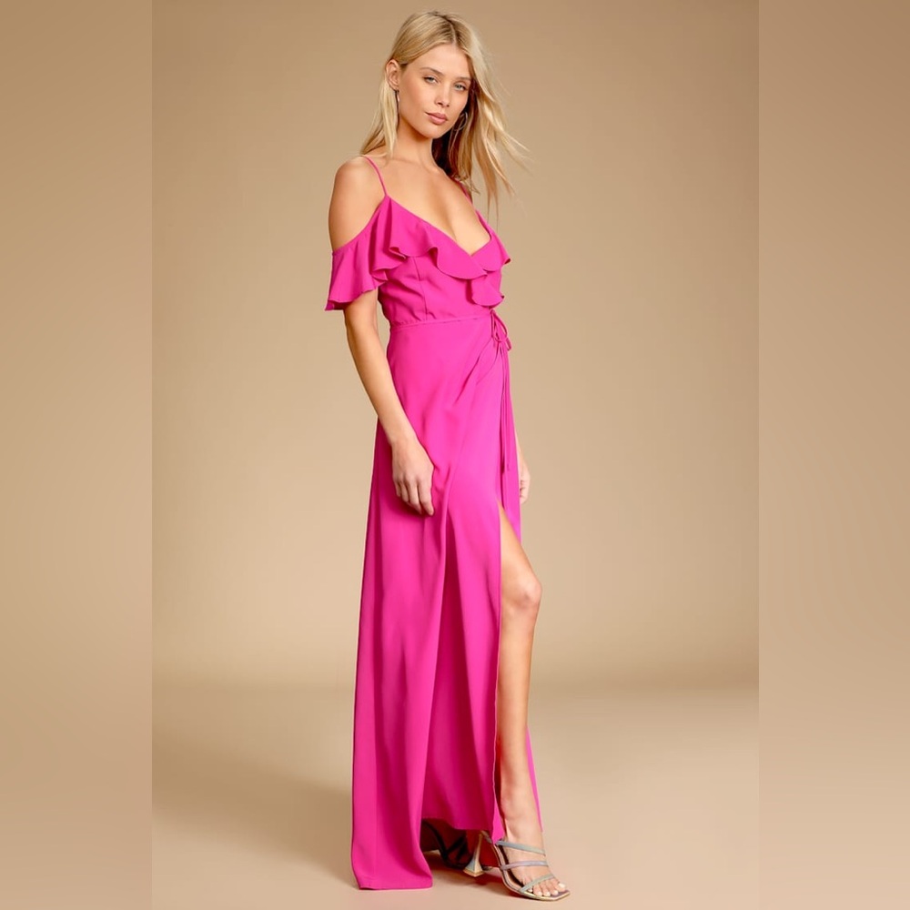 NWT Lulu's Sunny Perfection Magenta Ruffled Off-the-Shoulder Wrap Dress